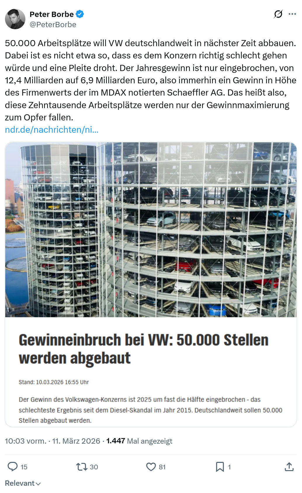 Peter Borbe: 50.000 Arbeitsplätze will VW deutschlandweit…