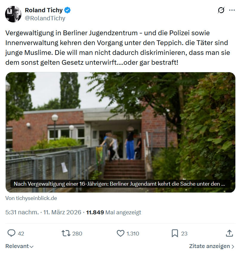 Roland Tichy: Vergewaltigung in Berliner Jugendzentrum…