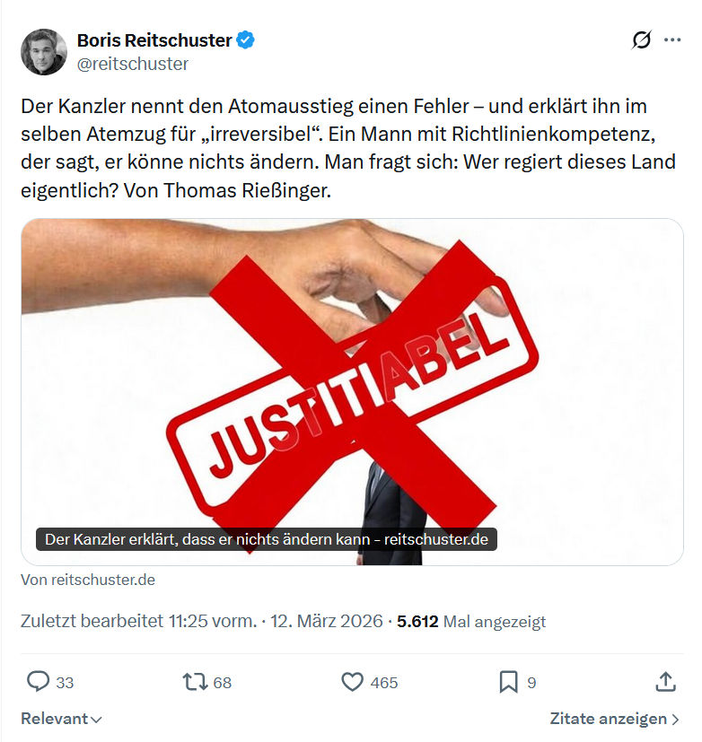 Boris Reitschuster: Der Kanzler nennt den Atomausstieg einen Fehler…