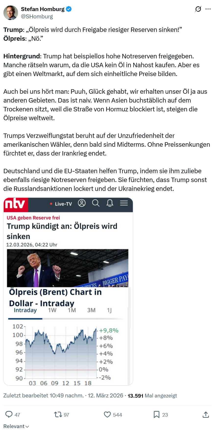Stefan Homburg: Trump: „Ölpreis wird durch Freigabe riesiger Reserven sinken!”…