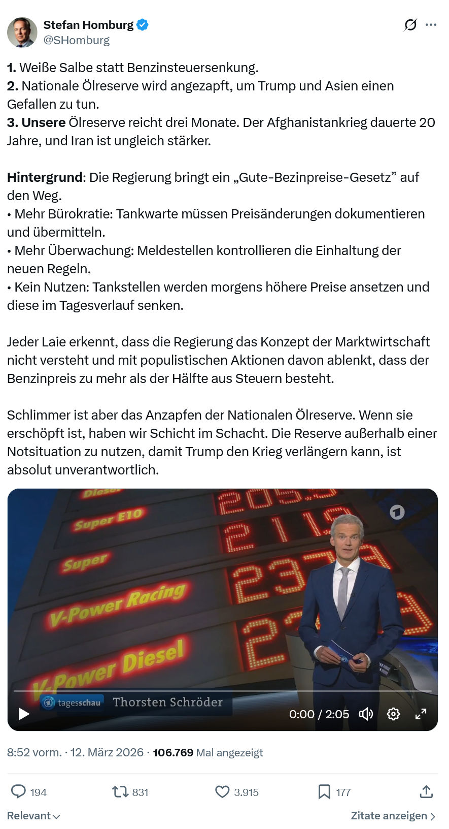 Stefan Homburg: Weiße Salbe statt Benzinsteuersenkung…