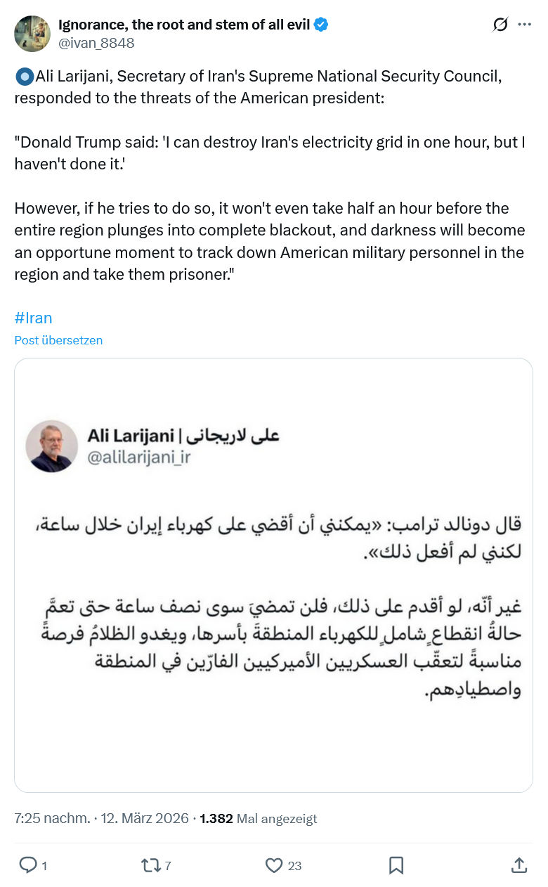 ivan Ignorance: Ali Larijani, Secretary of Iran's Supreme National Security Council…