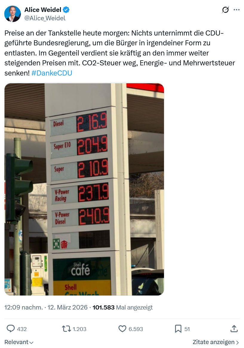 Alice Weidel: Preise an der Tankstelle heute morgen…