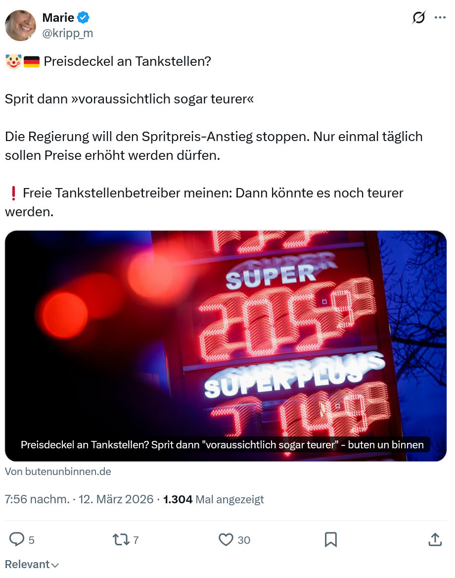 Marie kripp: Preisdeckel an Tankstellen…