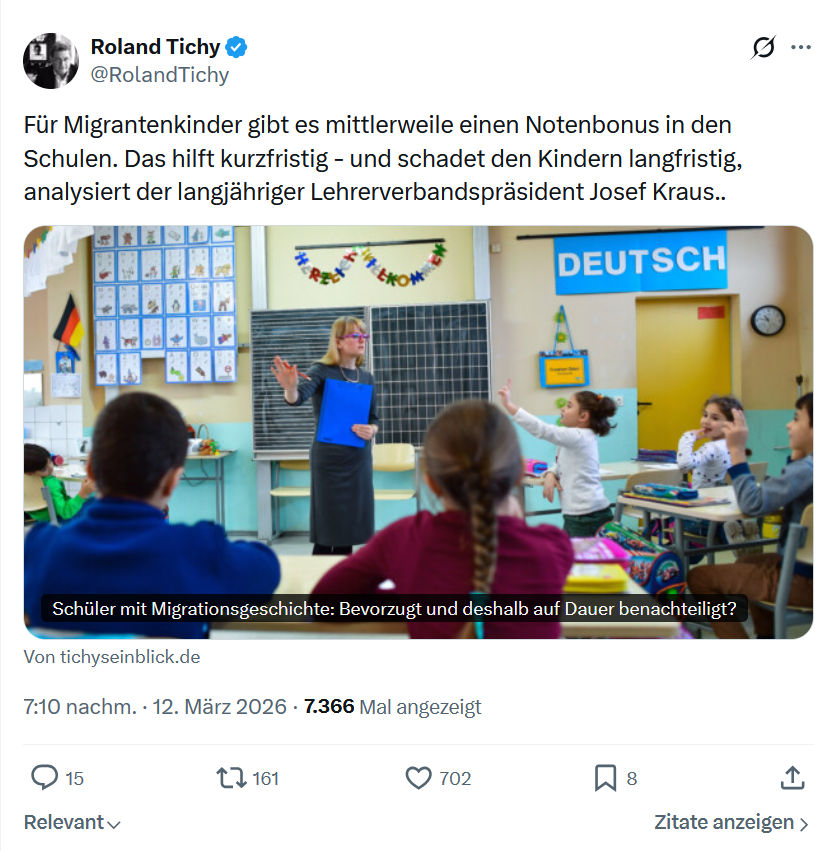 Roland Tichy: Für Migrantenkinder gibt es mittlerweile…