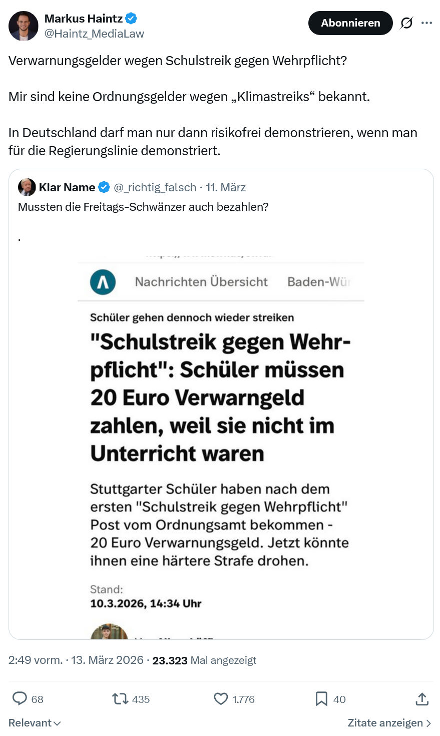 Markus Haintz: Verwarnungsgelder wegen Schulstreik gegen Wehrpflicht…