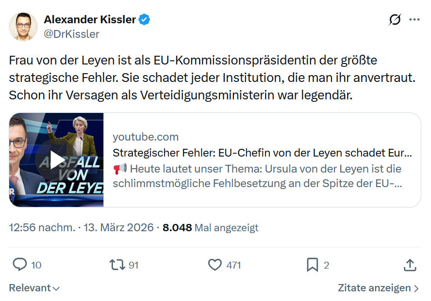 Alexander Kissler: Frau von der Leyen ist als EU-Kommissionspräsidentin…