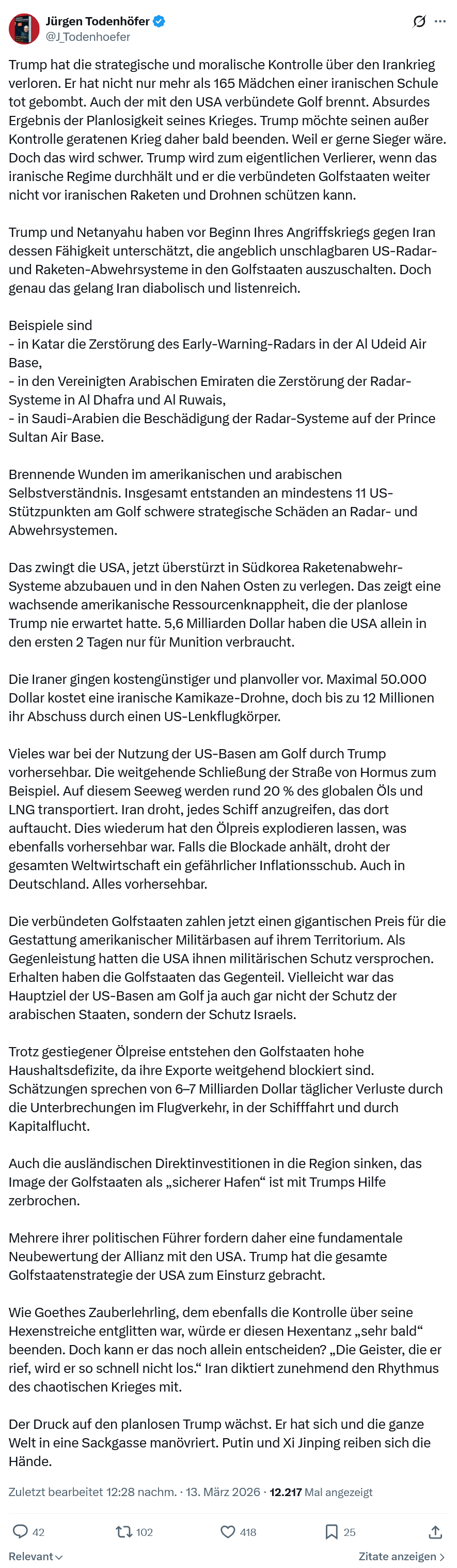 Jürgen Todenhöfer: Trump hat die strategische und moralische Kontrolle…