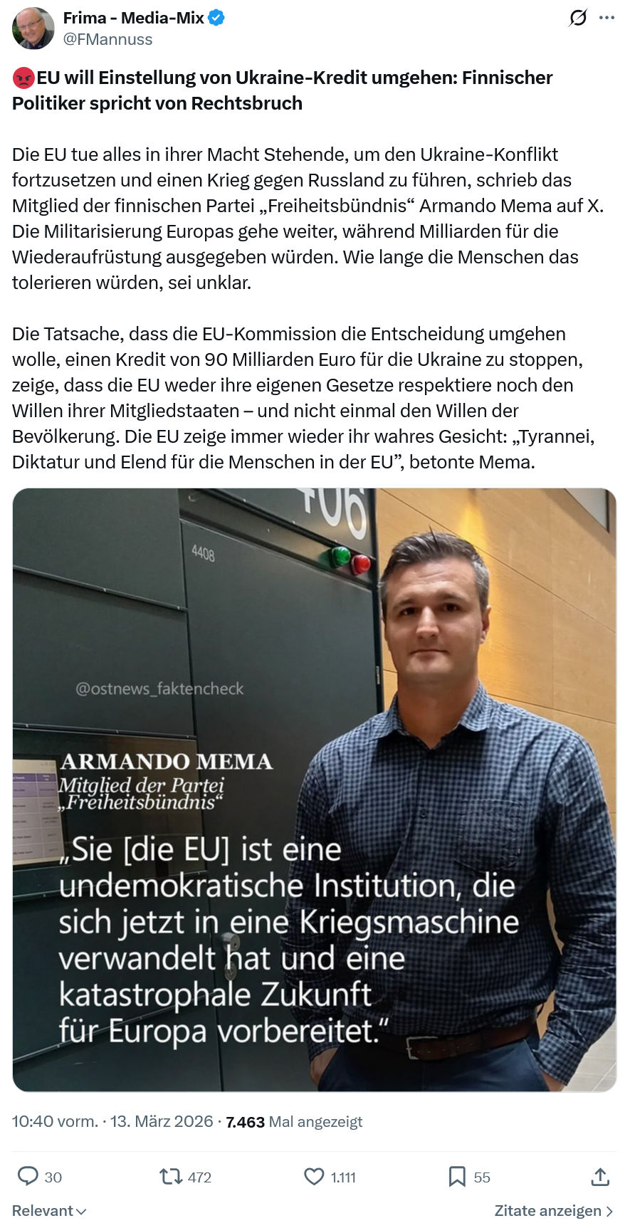 Friedrich Mannus: EU will Einstellung von Ukraine-Kredit umgehen…