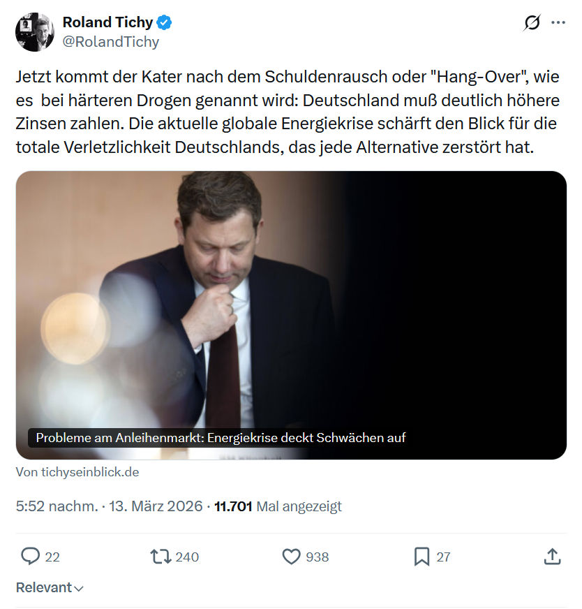 Roland Tichy: Jetzt kommt der Kater nach dem Schuldenrausch…