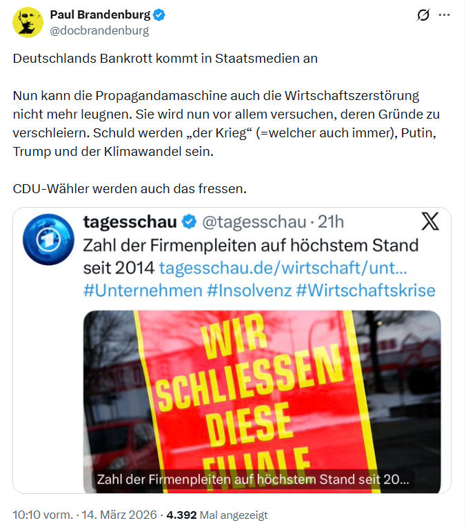Paul Brandenburg: Deutschlands Bankrott kommt in Staatsmedien an…