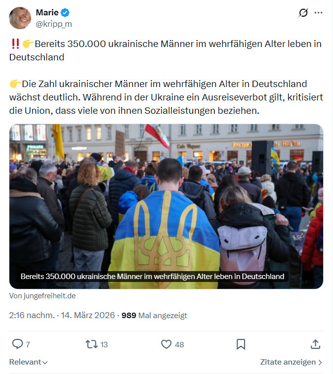 Marie kripp: Bereits 350.000 ukrainische Männer im wehrfähigen Alter leben in Deutschland…