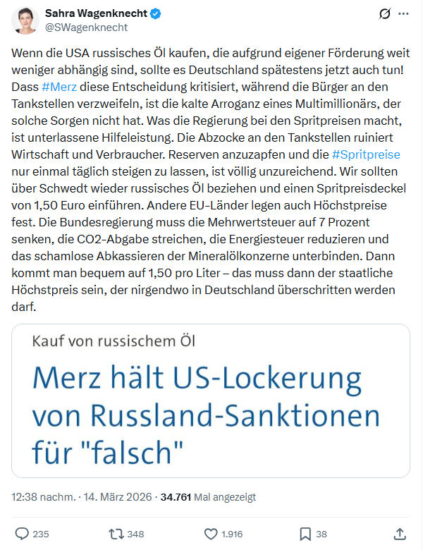 Sahra Wagenknecht: Wenn die USA russisches Öl kaufen…