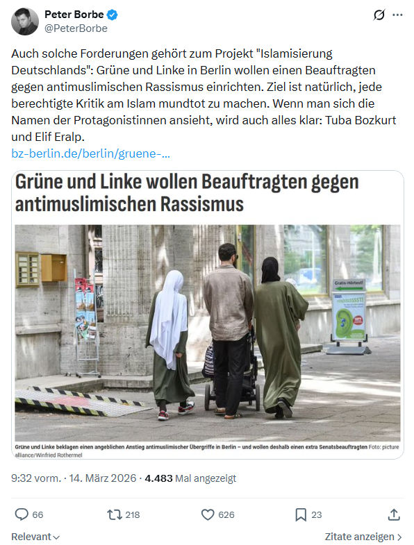 Peter Borbe: Auch solche Forderungen gehört zum Projekt "Islamisierung Deutschlands"…