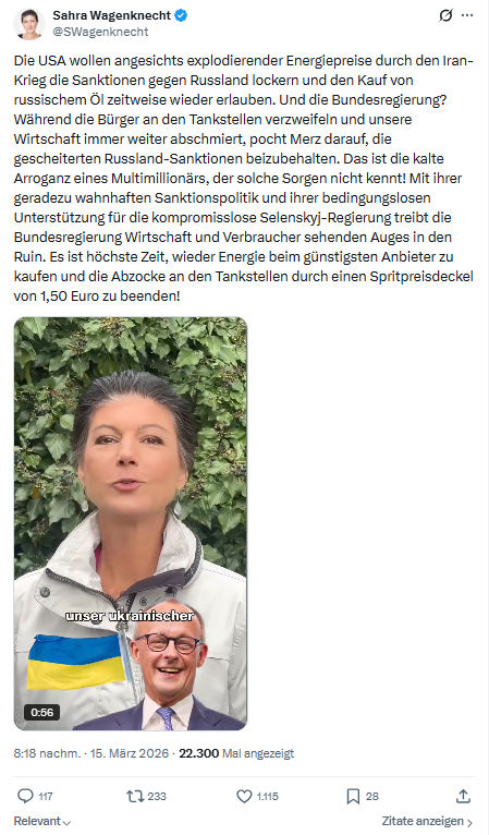 Sahra Wagenknecht: Die USA wollen angesichts explodierender Energiepreise...