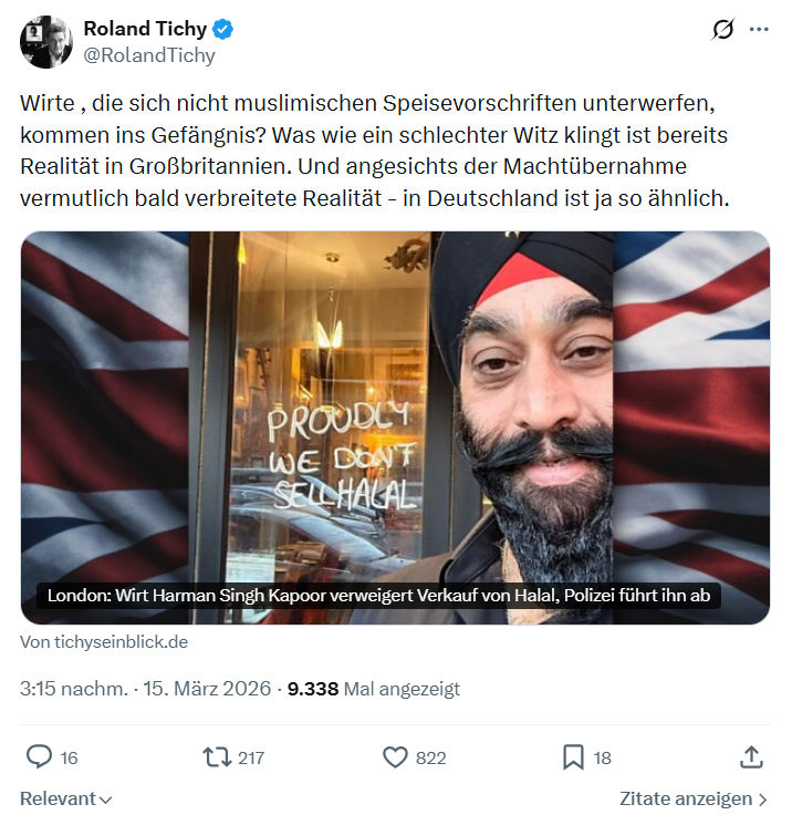 Roland Tichy: Wirte , die sich nicht muslimischen Speisevorschriften unterwerfen…