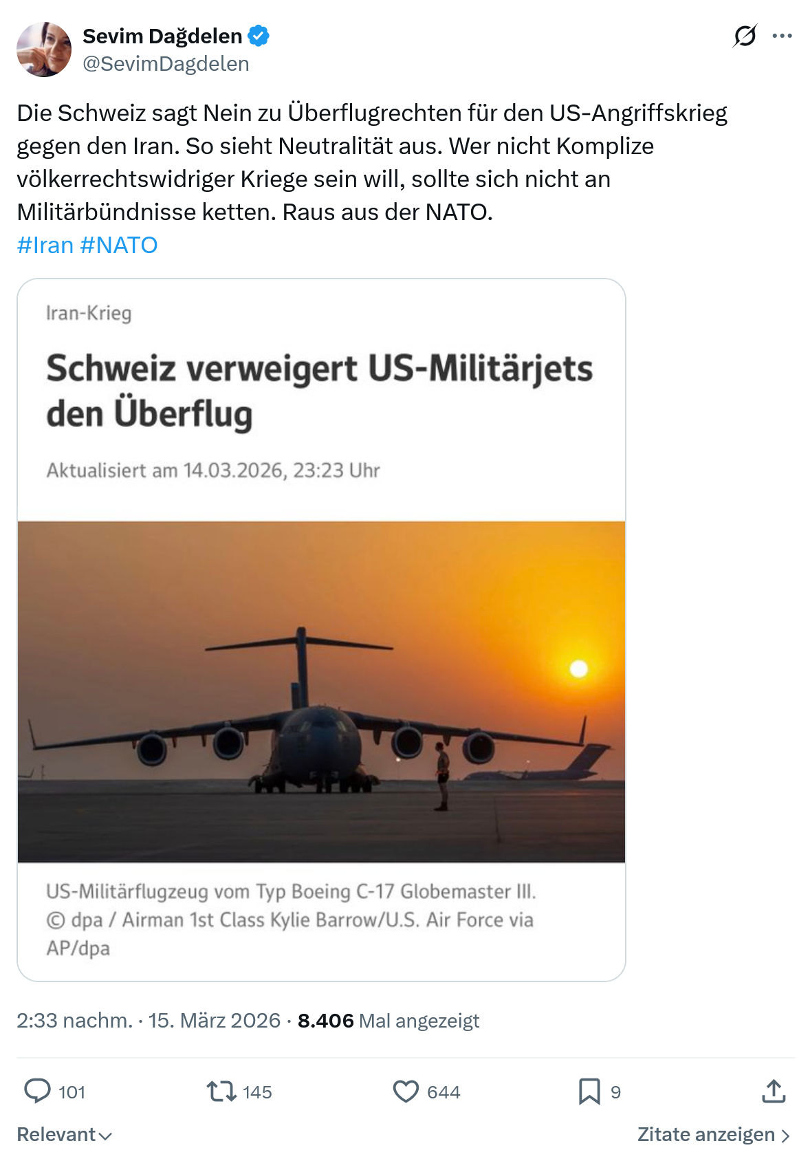 Sevim Dagdelen: Die Schweiz sagt Nein zu Überflugrechten…