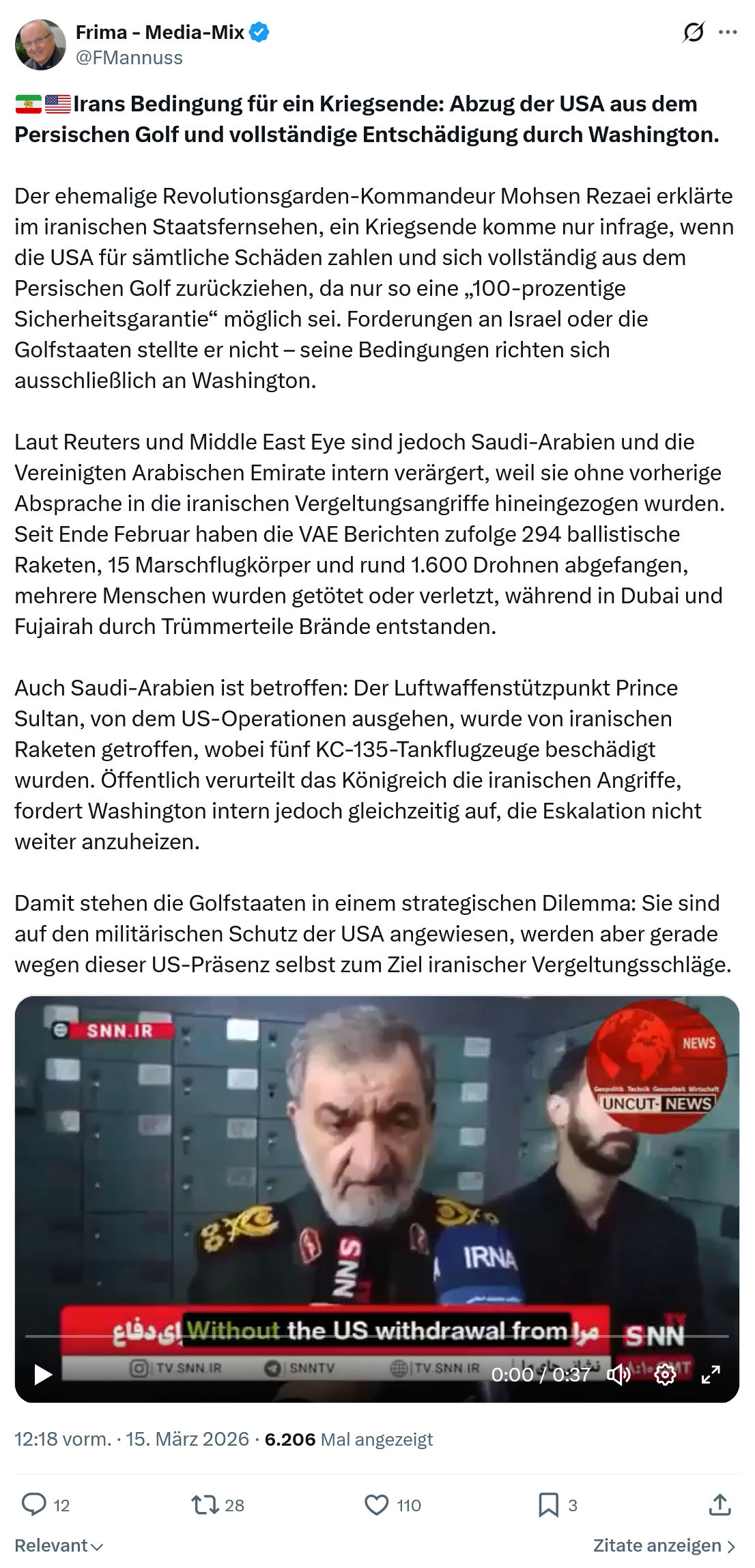 Friedrich Mannus: Irans Bedingung für ein Kriegsende…