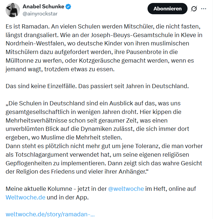 Anabel Schunke: Es ist Ramadan. An vielen Schulen werden Mitschüler…