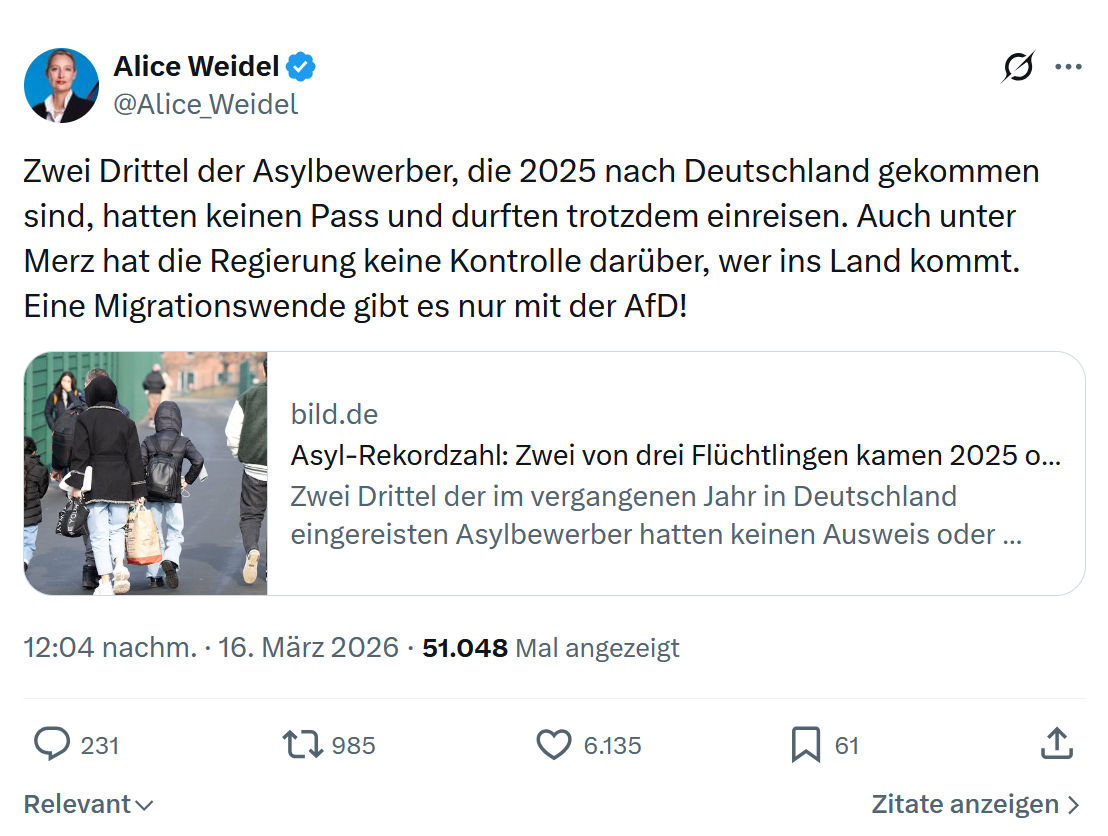 Alice Weidel: Zwei Drittel der Asylbewerber...