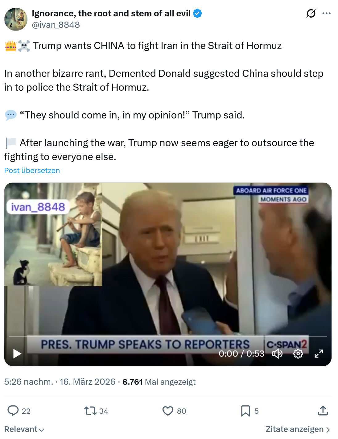 ivan Ignorance: Trump wants CHINA to fight Iran in the Strait of Hormuz…