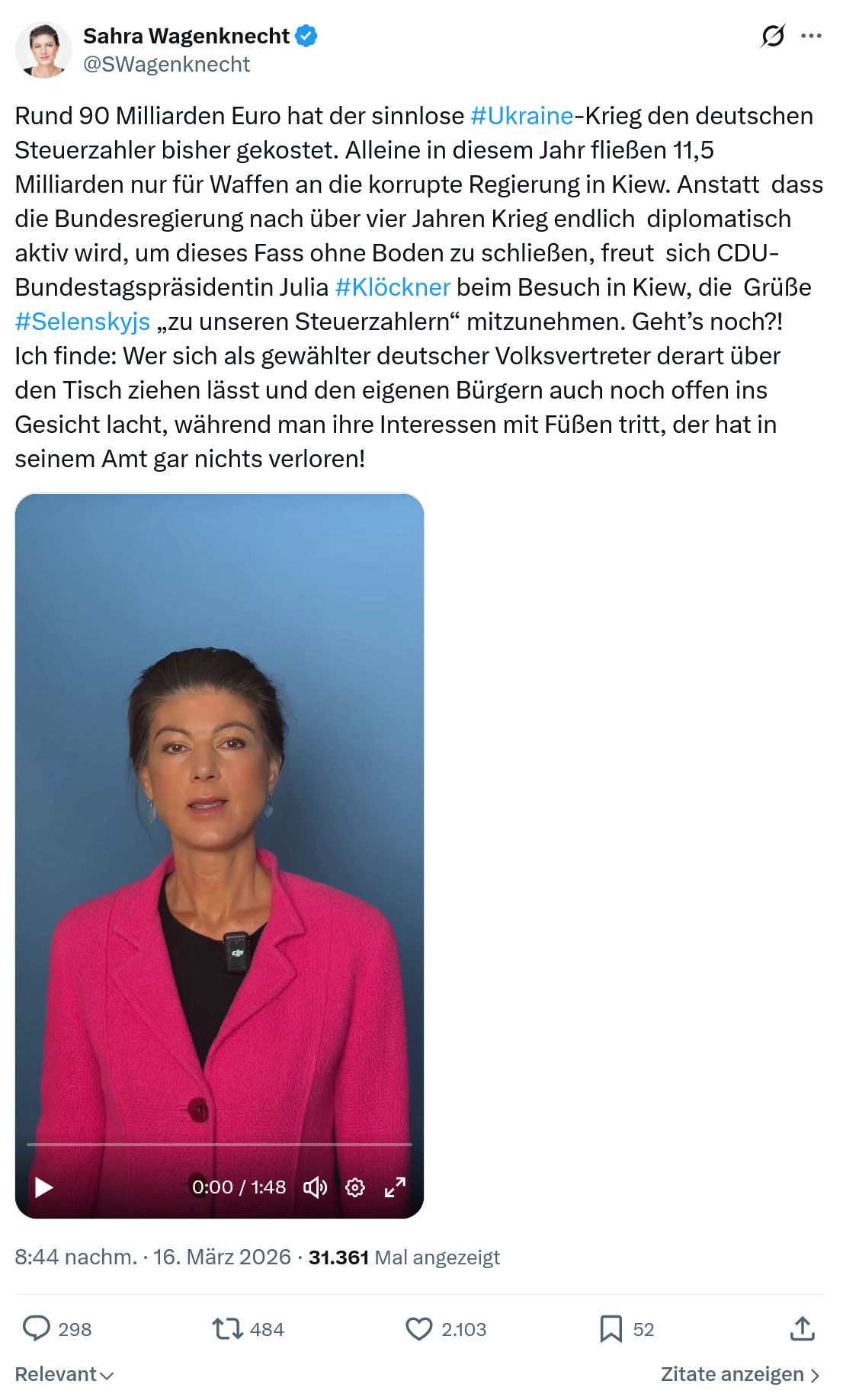 Sahra Wagenknecht: Rund 90 Milliarden Euro hat der sinnlose #Ukraine-Krieg…