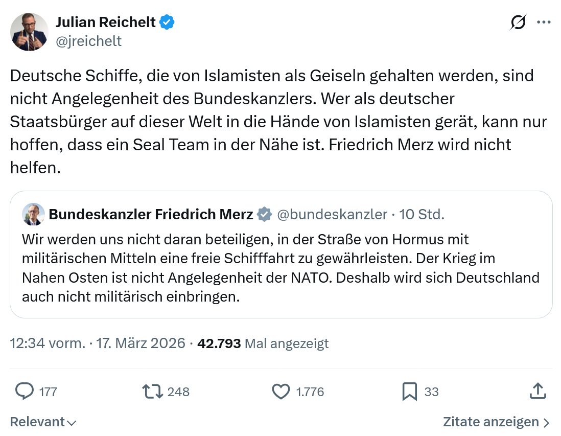 Julian Reichelt: Deutsche Schiffe, die von Islamisten als Geiseln…
