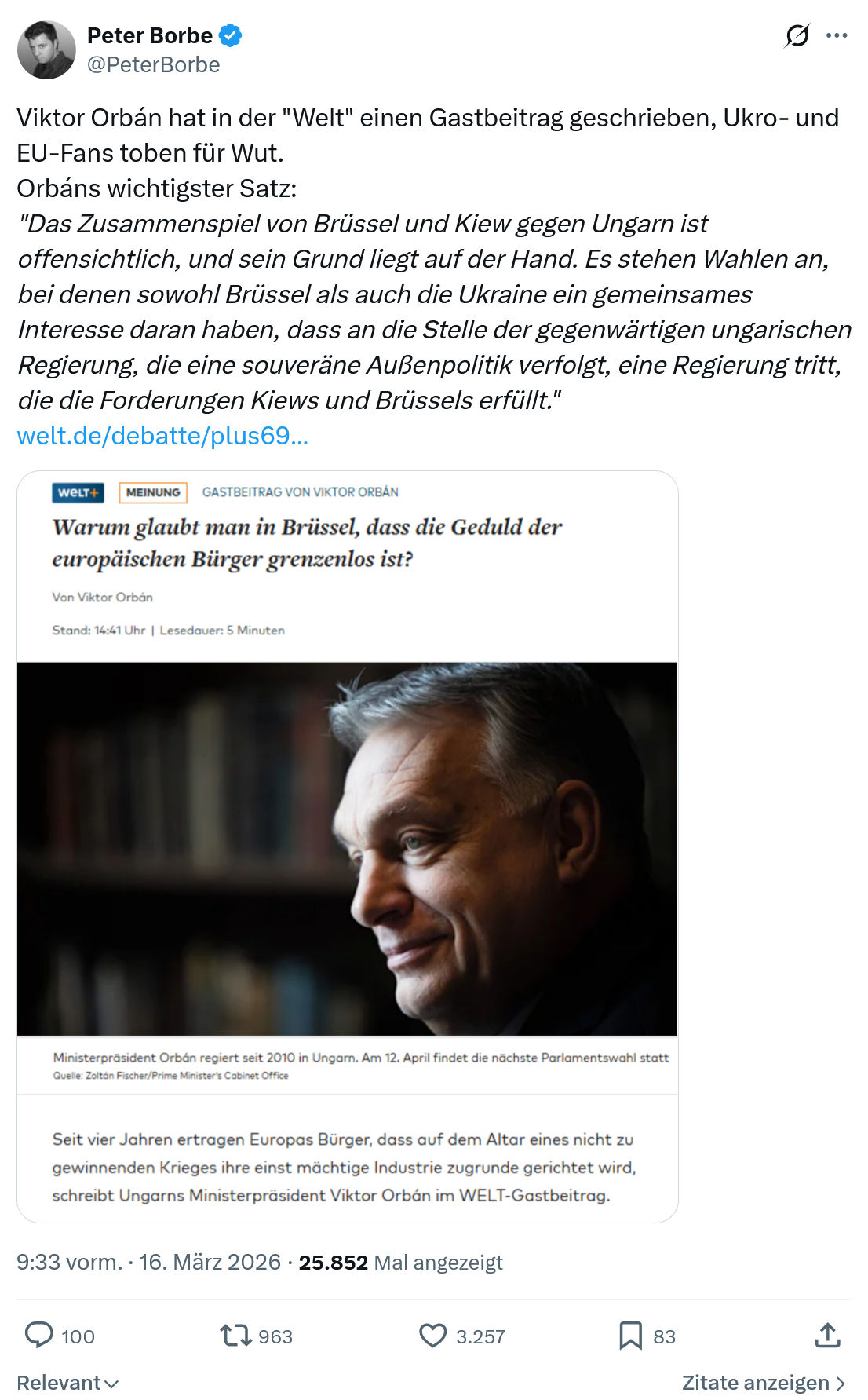 Peter Borbe: Viktor Orbán hat in der "Welt"…