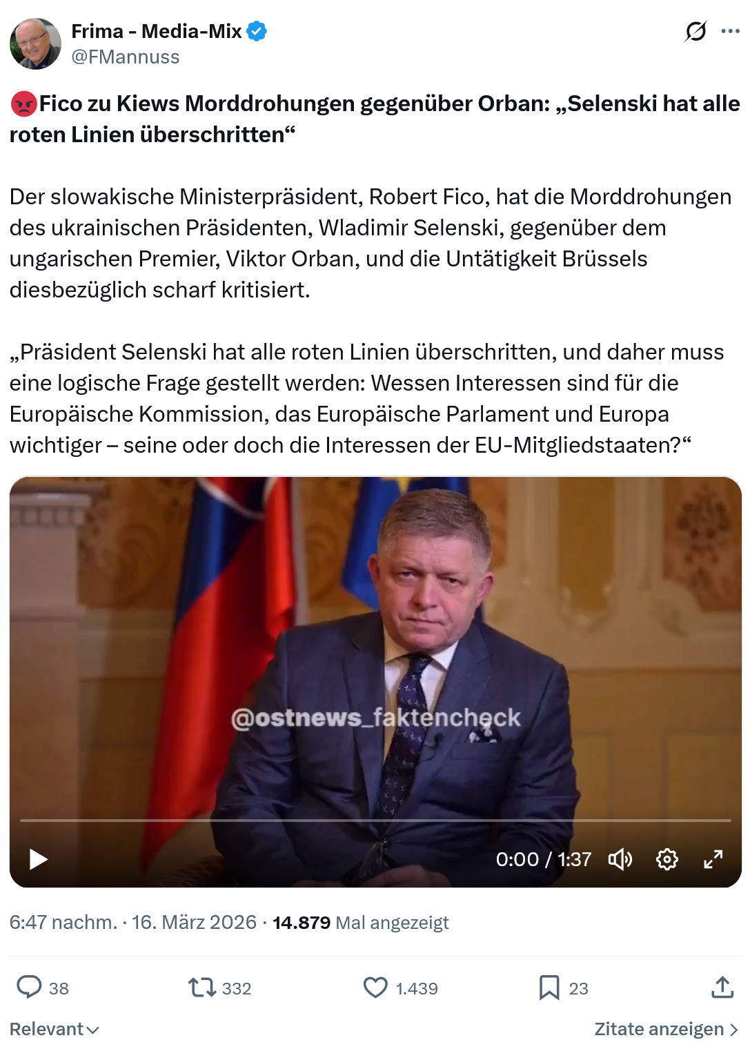 Friedrich Mannus: Fico zu Kiews Morddrohungen gegenüber Orban…