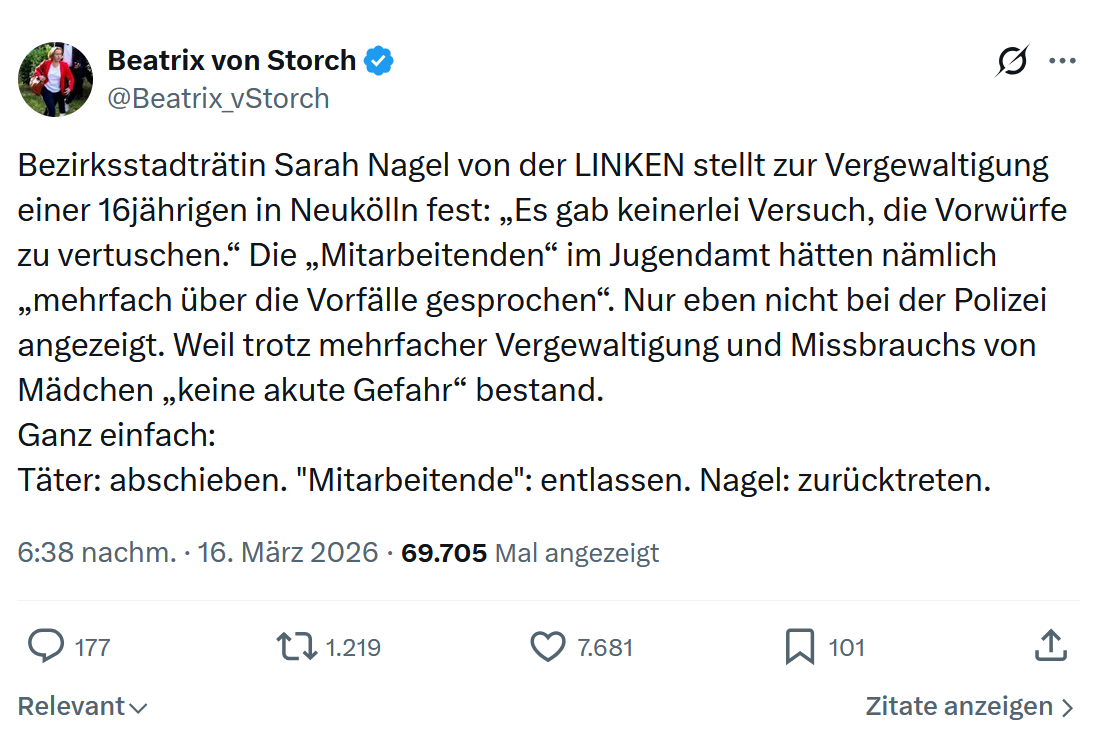 Beatrix von Storch: Bezirksstadträtin Sarah Nagel von der LINKEN…