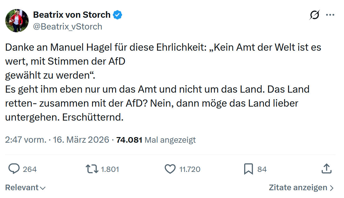 Beatrix von Storch: Danke an Manuel Hagel für diese Ehrlichkeit…