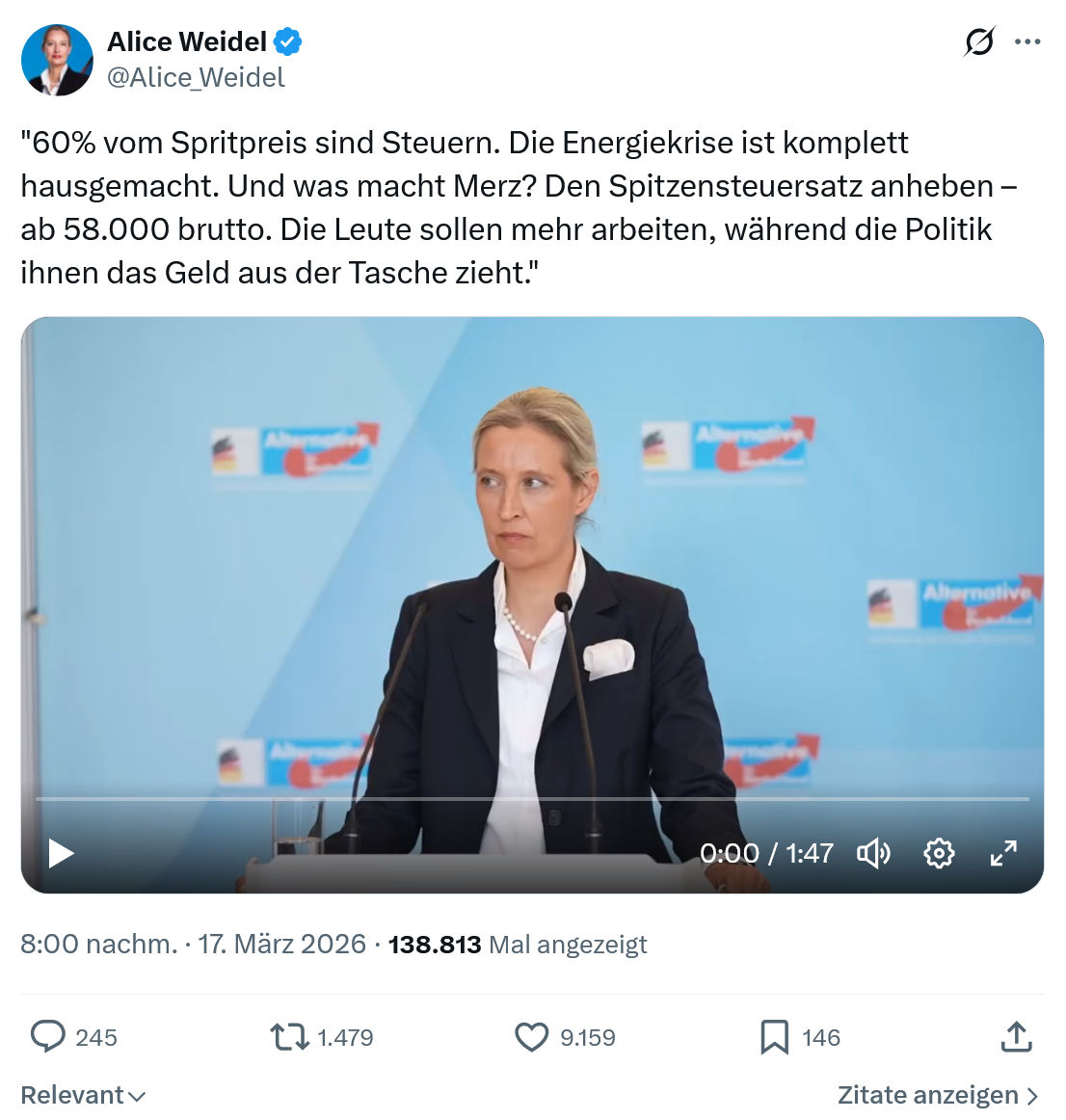 Alice Weidel: 60% vom Spritpreis sind Steuern…