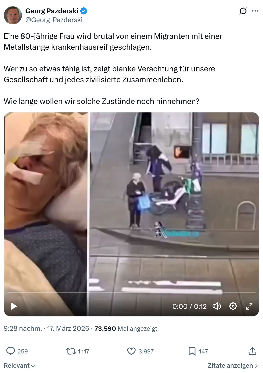 Georg Pazderski: Eine 80-jährige Frau wird brutal von einem Migranten…