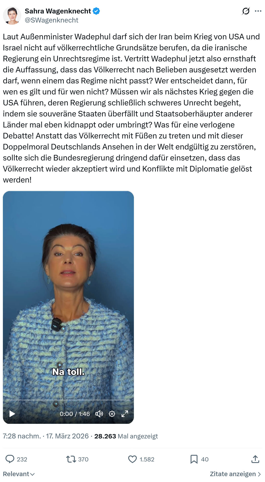 Sahra Wagenknecht: Laut Außenminister Wadephul darf sich der Iran…