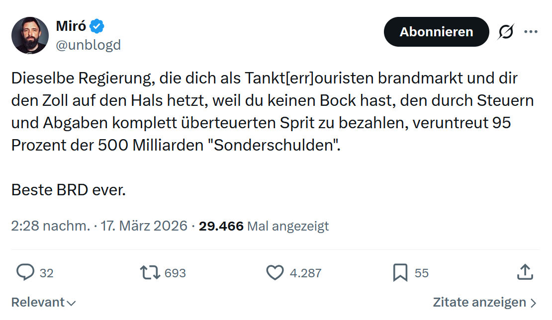 Miro Wolsfeld: Dieselbe Regierung, die dich als Tankt[err]ouristen…
