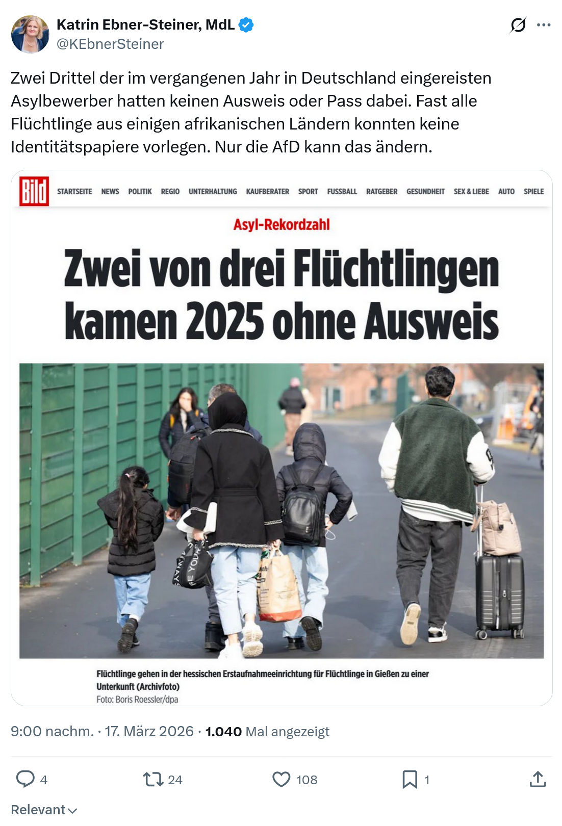 Katrin Ebner-Steiner: Zwei Drittel der im vergangenen Jahr in Deutschland…