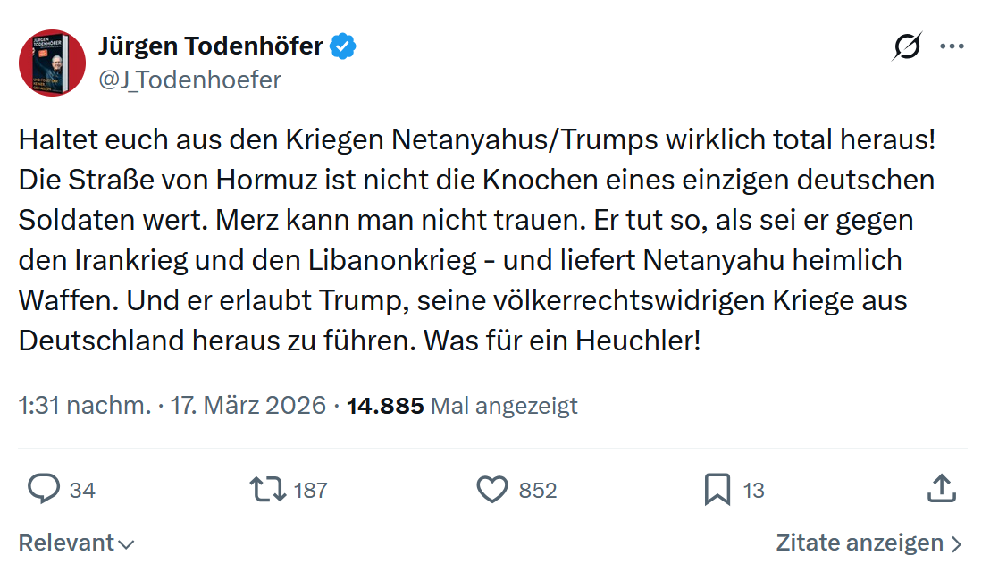 Jürgen Todenhöfer: Haltet euch aus den Kriegen Netanyahus/Trumps…