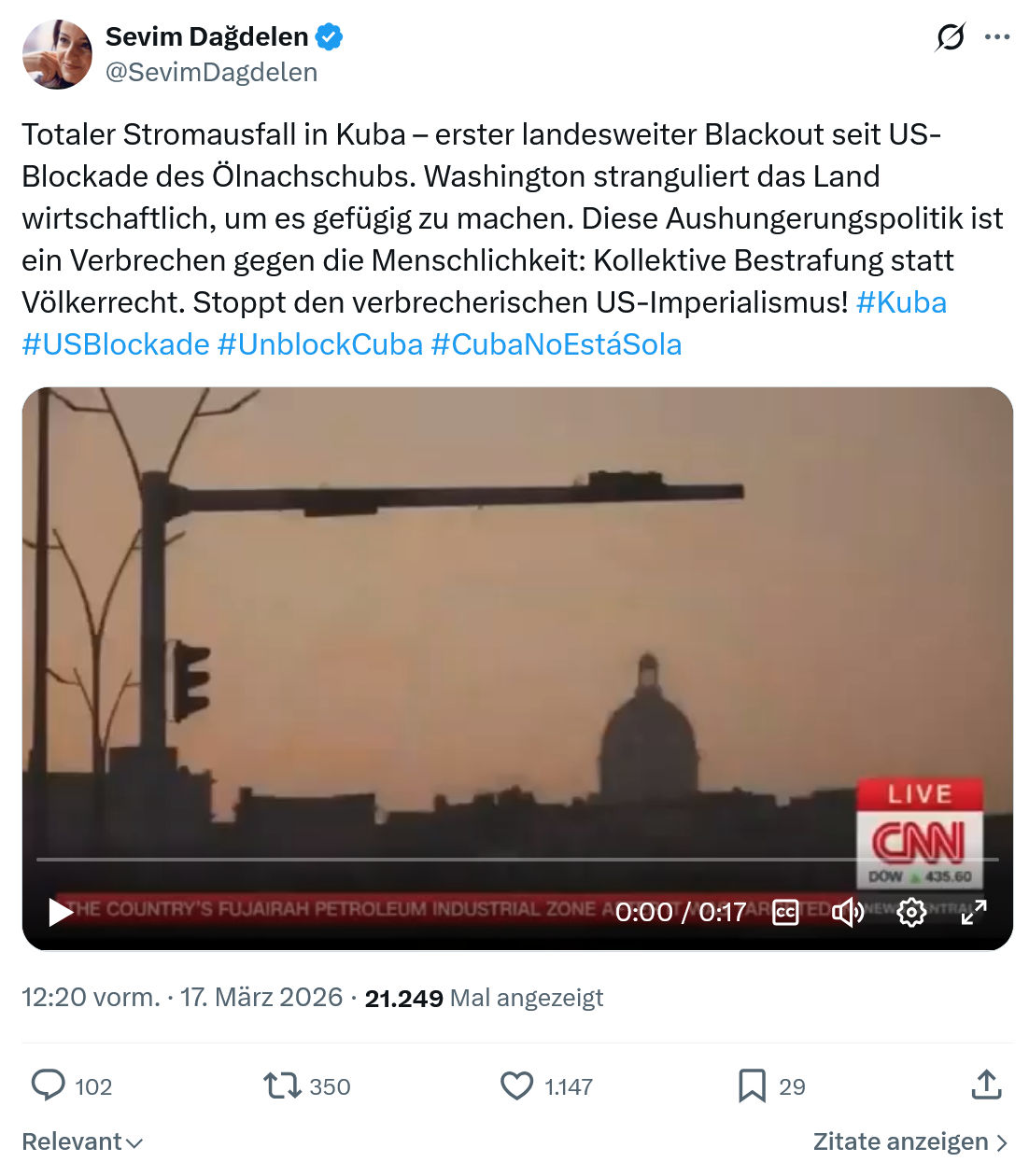 Sevim Dagdelen: Totaler Stromausfall in Kuba…