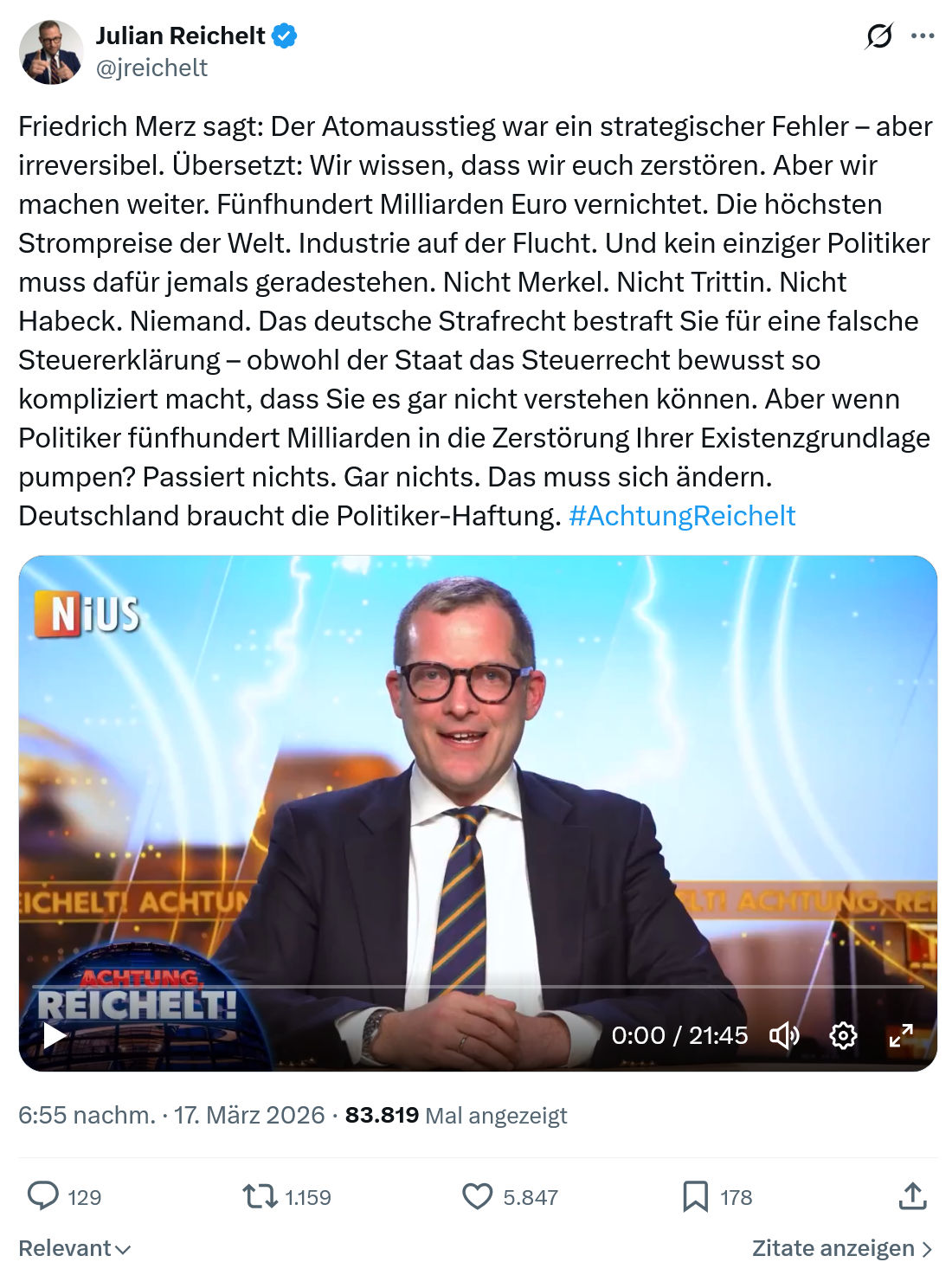 Julian Reichelt: Friedrich Merz sagt…