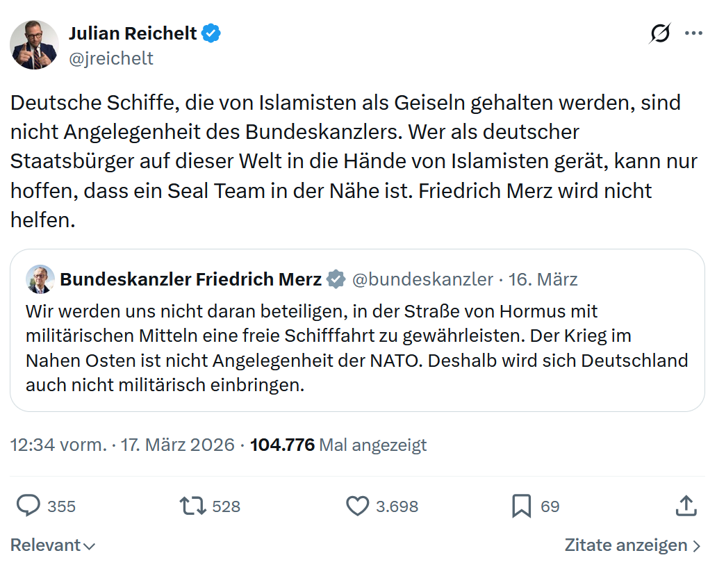 Julian Reichelt: Deutsche Schiffe, die von Islamisten als Geiseln…