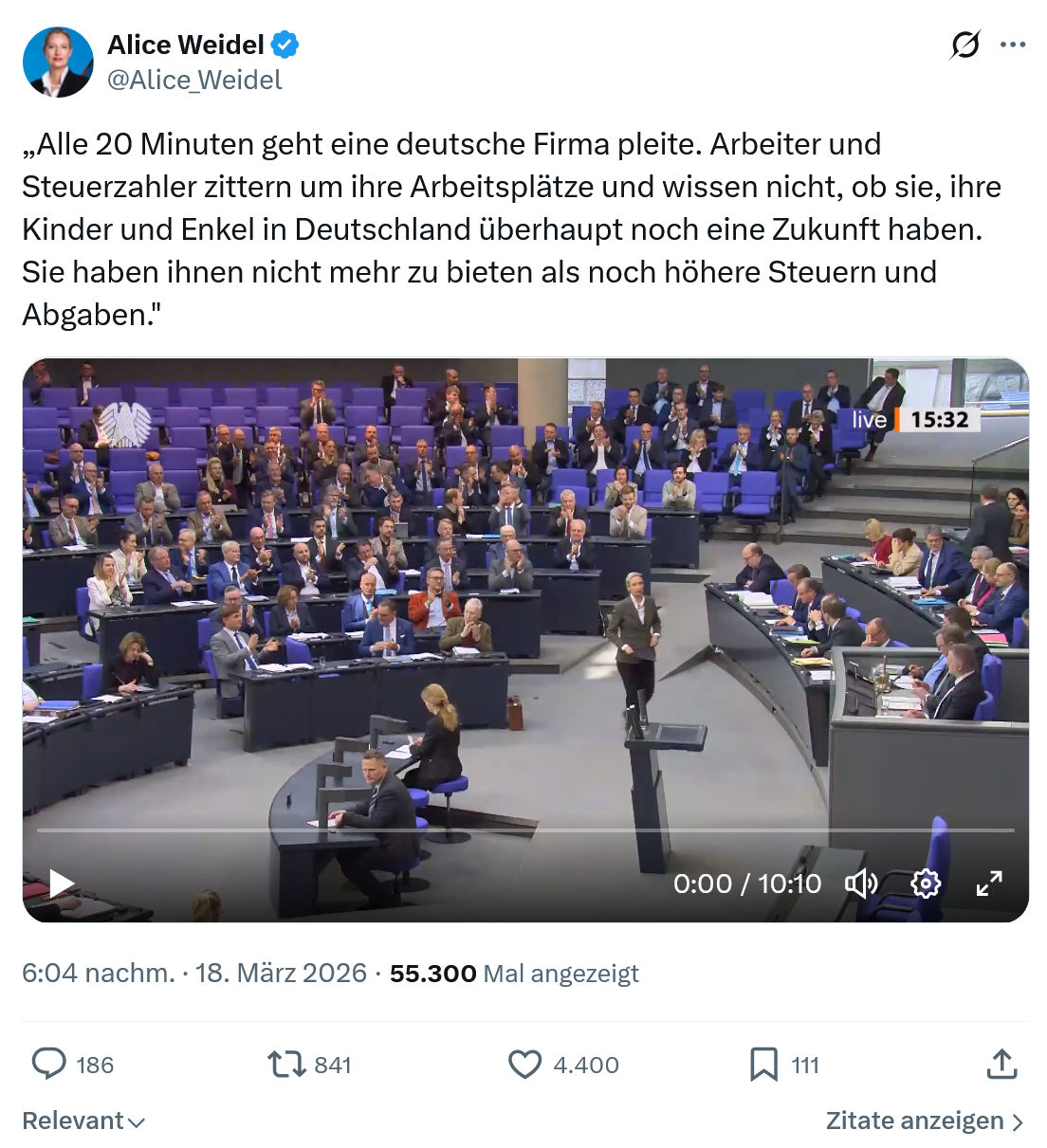Alice Weidel: Alle 20 Minuten geht eine deutsche Firma pleite...