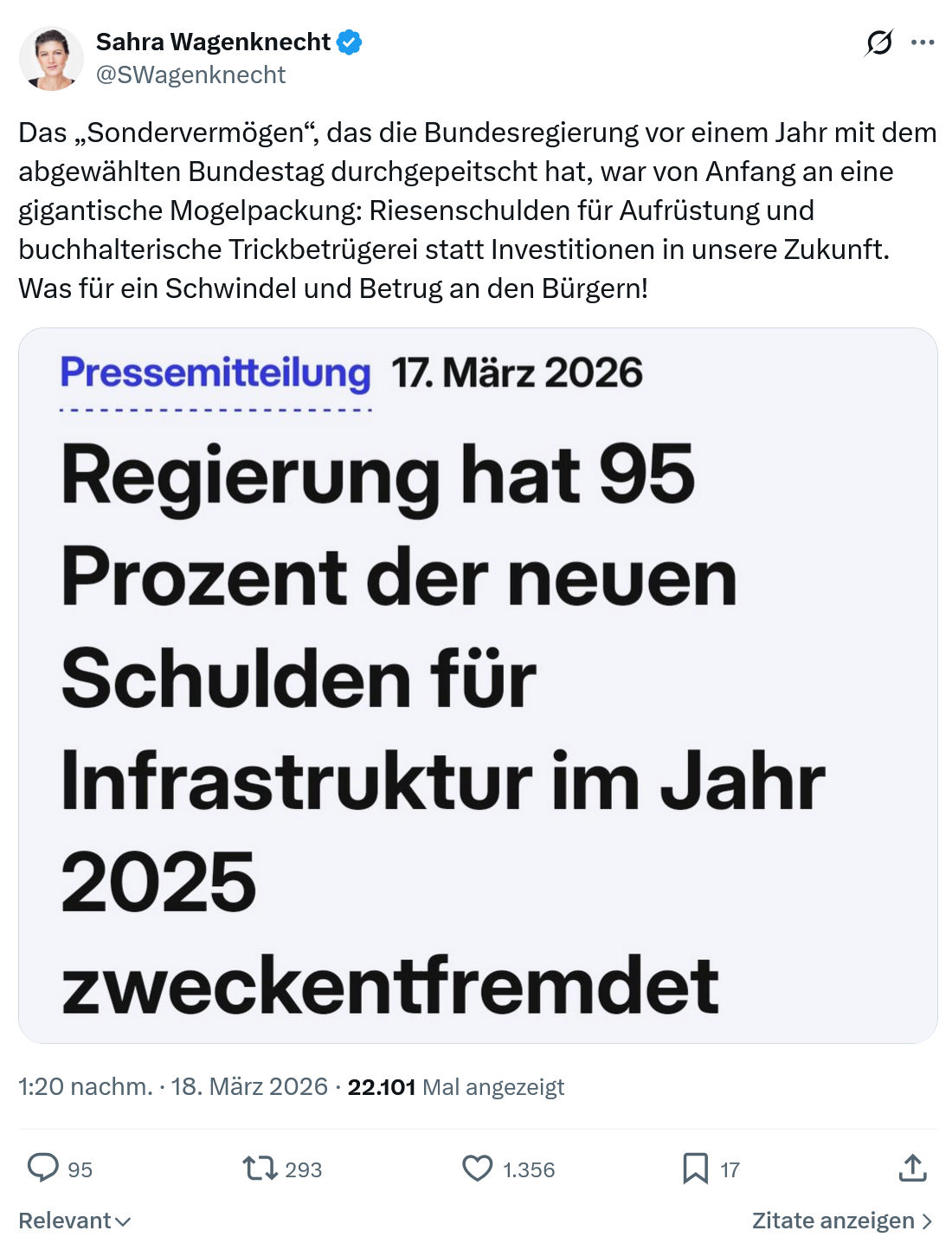Sahra Wagenknecht: Das „Sondervermögen“, das die Bundesregierung…