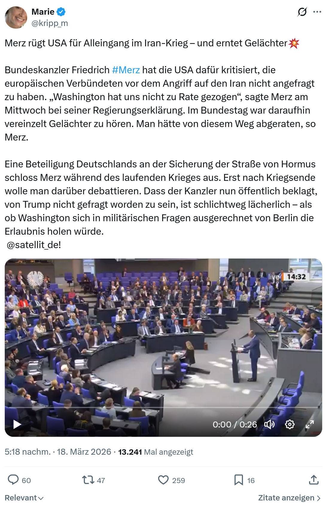 Marie kripp: Merz rügt USA für Alleingang…