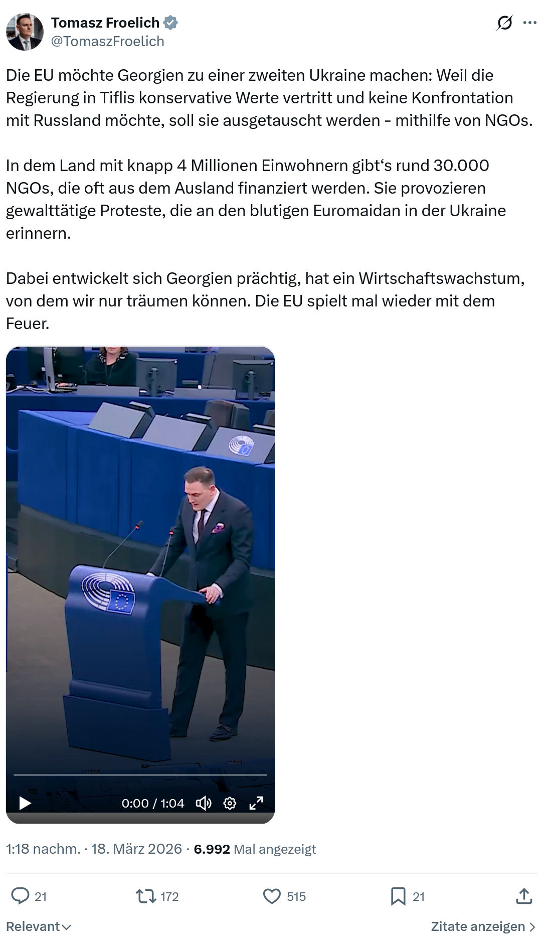Tomasz Froelich: Die EU möchte Georgien zu einer zweiten Ukraine machen…