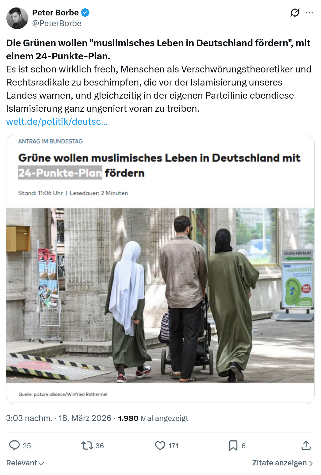 Peter Borbe: Die Grünen wollen "muslimisches Leben in Deutschland fördern"…