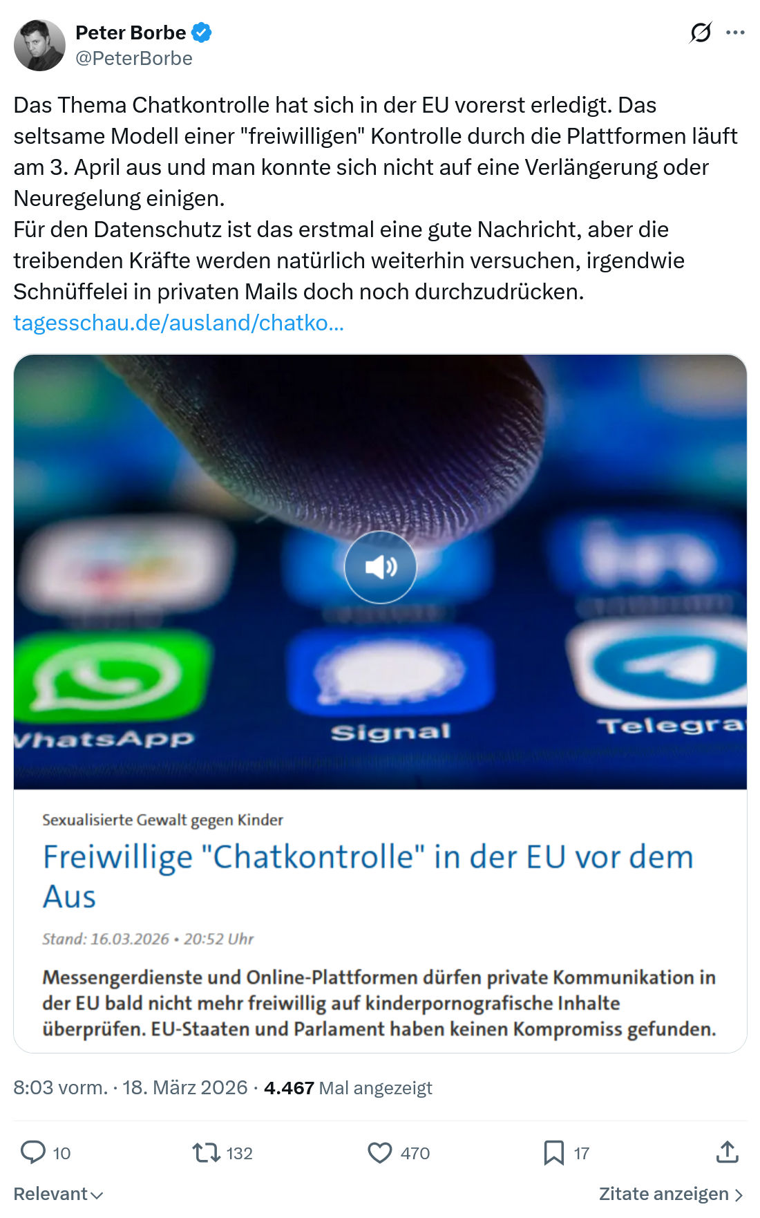 Peter Borbe: Das Thema Chatkontrolle hat sich in der EU…