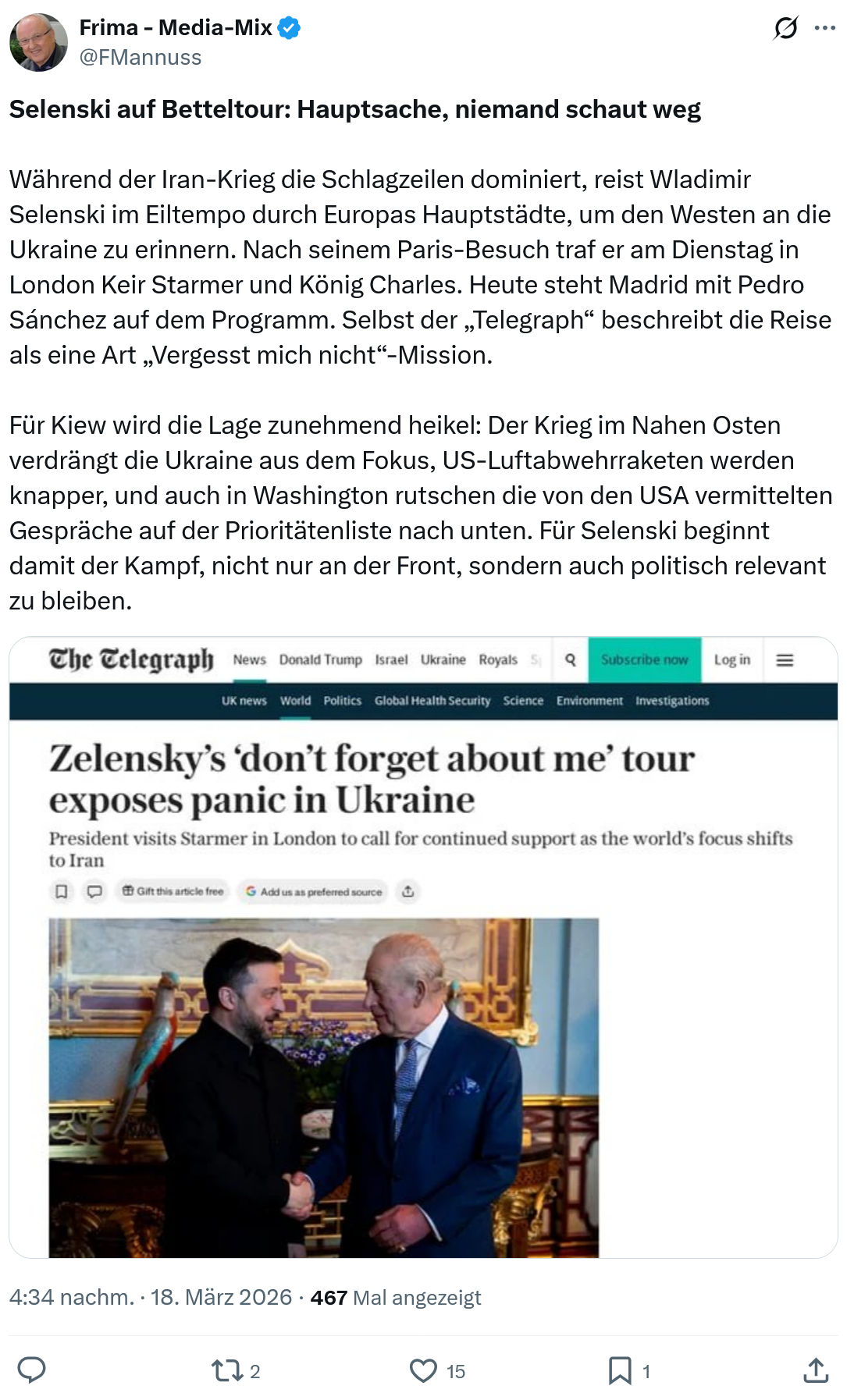 Friedrich Mannus: Selenski auf Betteltour…