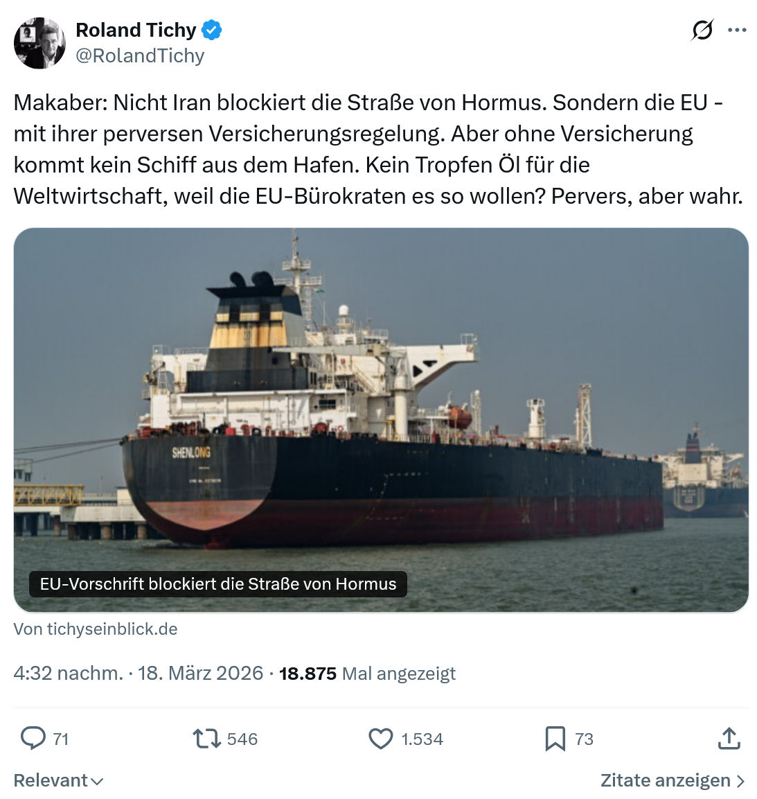 Roland Tichy: Makaber: Nicht Iran blockiert die Straße von Hormus…