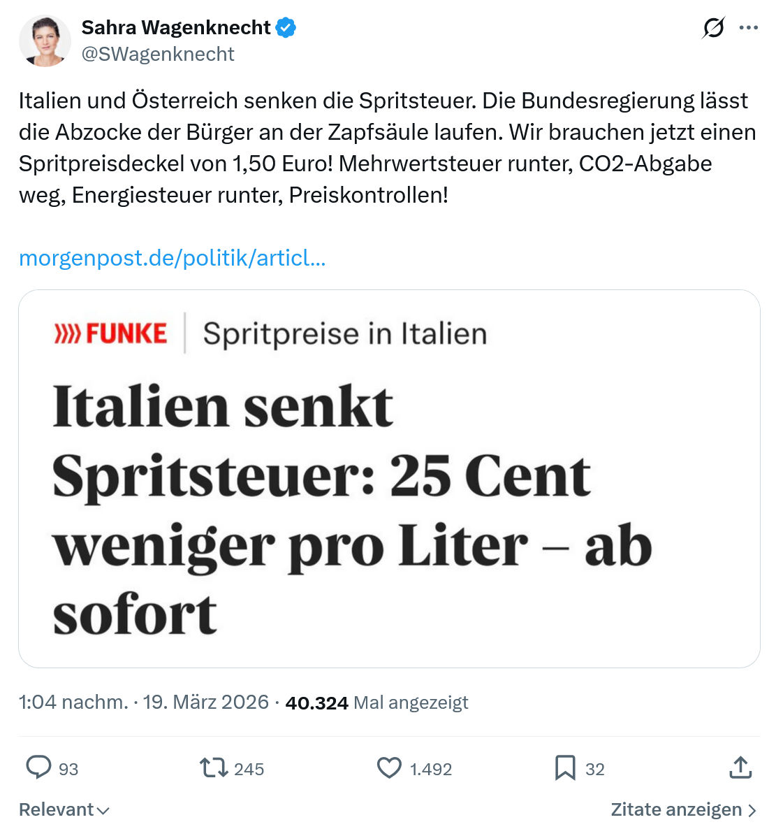 Sahra Wagenknecht: Italien und Österreich senken die Spritsteuer…