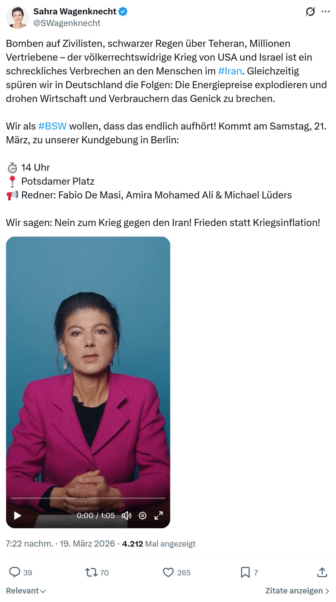 Sahra Wagenknecht: Bomben auf Zivilisten, schwarzer Regen über Teheran…